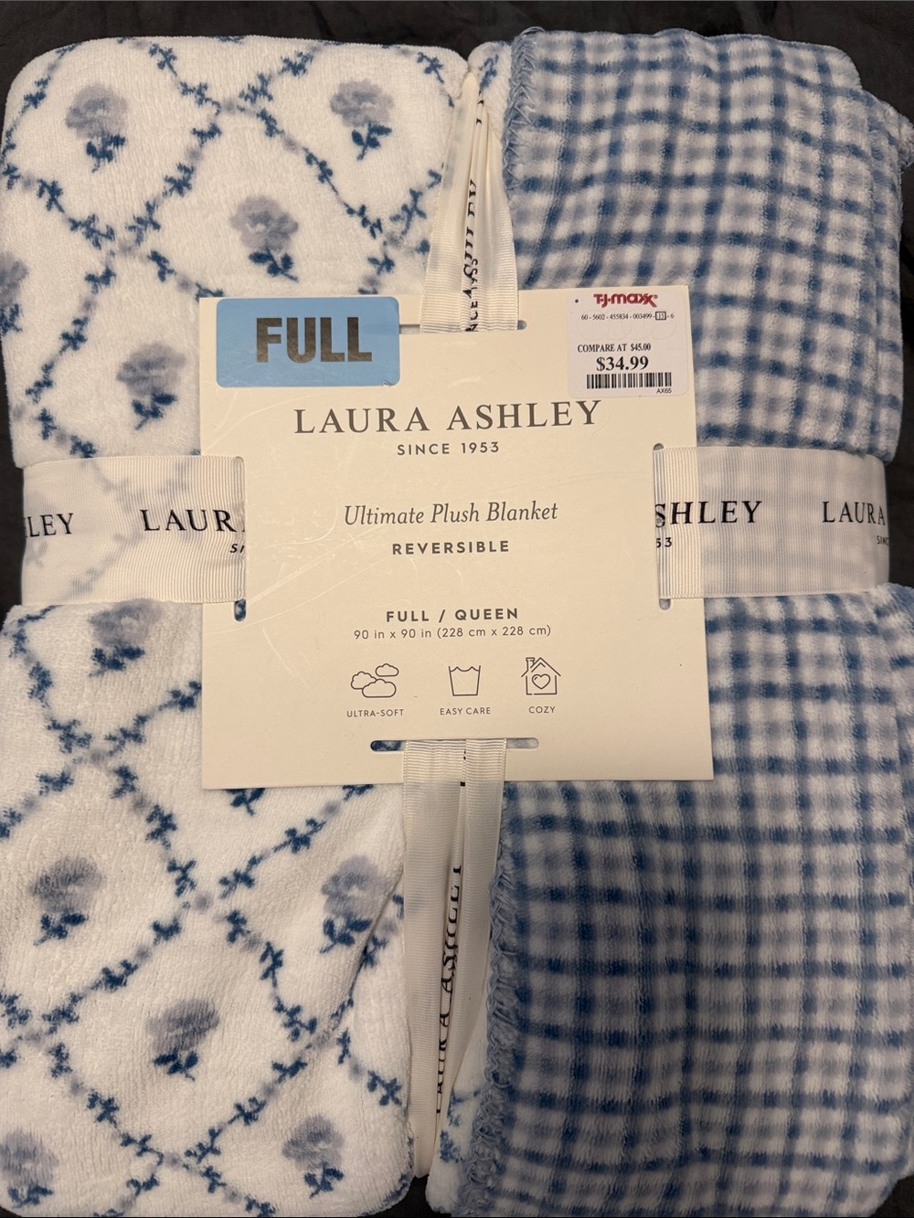 NWT Queen/Full Laura Ashley Reversible Plush Blanket - Blue & White Floral/Check